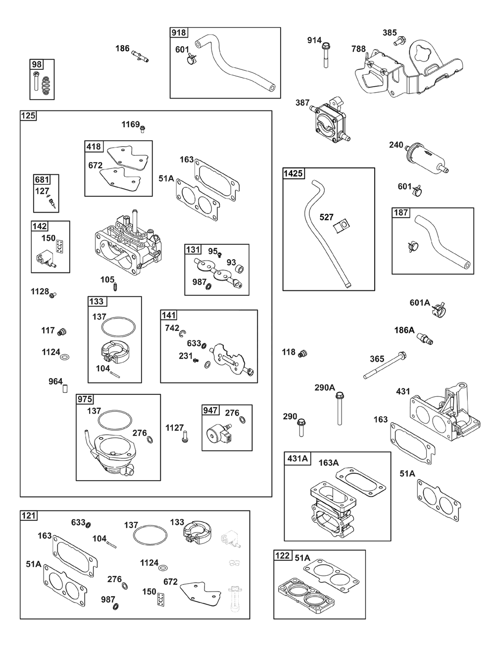 Carburetor And Fuel Supply Group Diagram and Parts List for 543477-0090-J1 400000 - 699999 Briggs and Stratton Engine